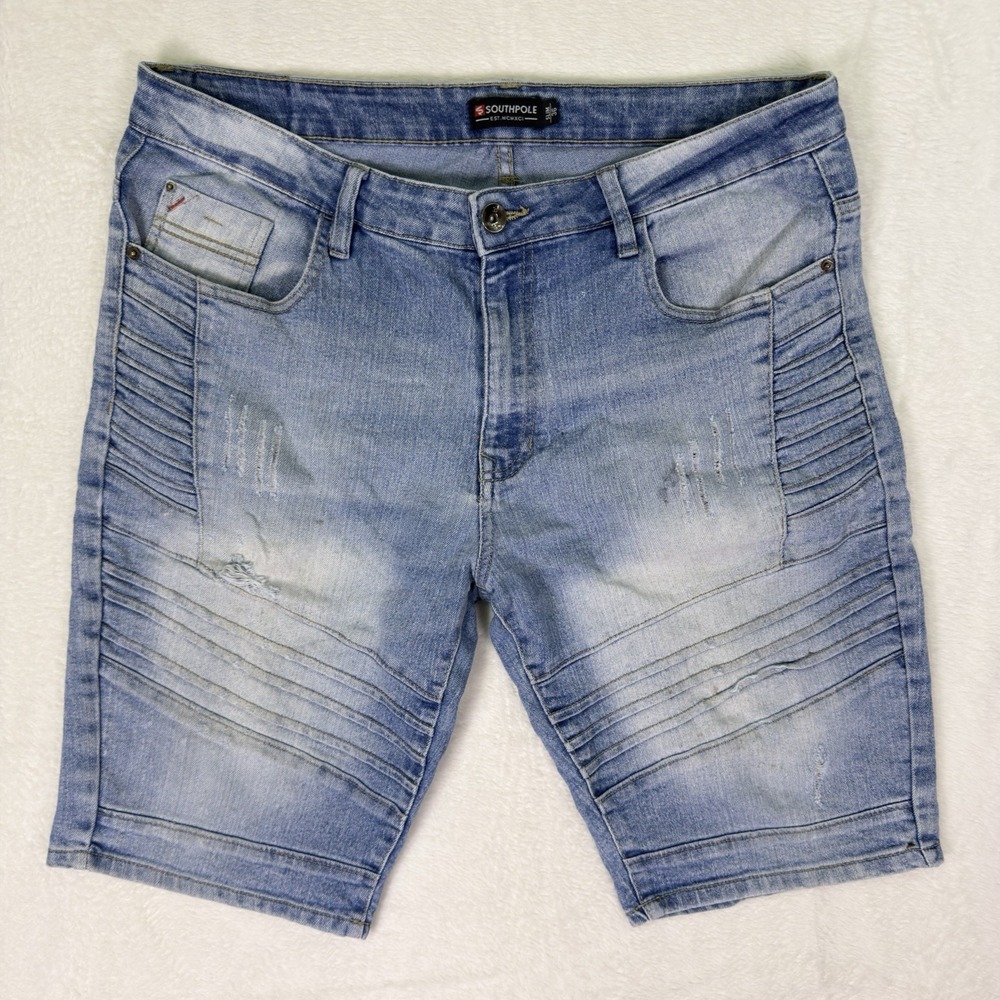 Southpole Jean Shorts Mens 36 Blue Slim Baggy Light Wash Distressed Biker Jorts‎